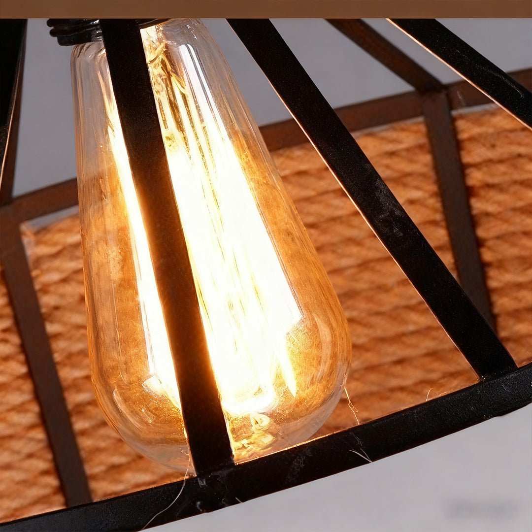 Circular Iron and Hemp Rope Pendant Light — Black, E27, 4W Warm, Adjustable 1.5m Suspension
