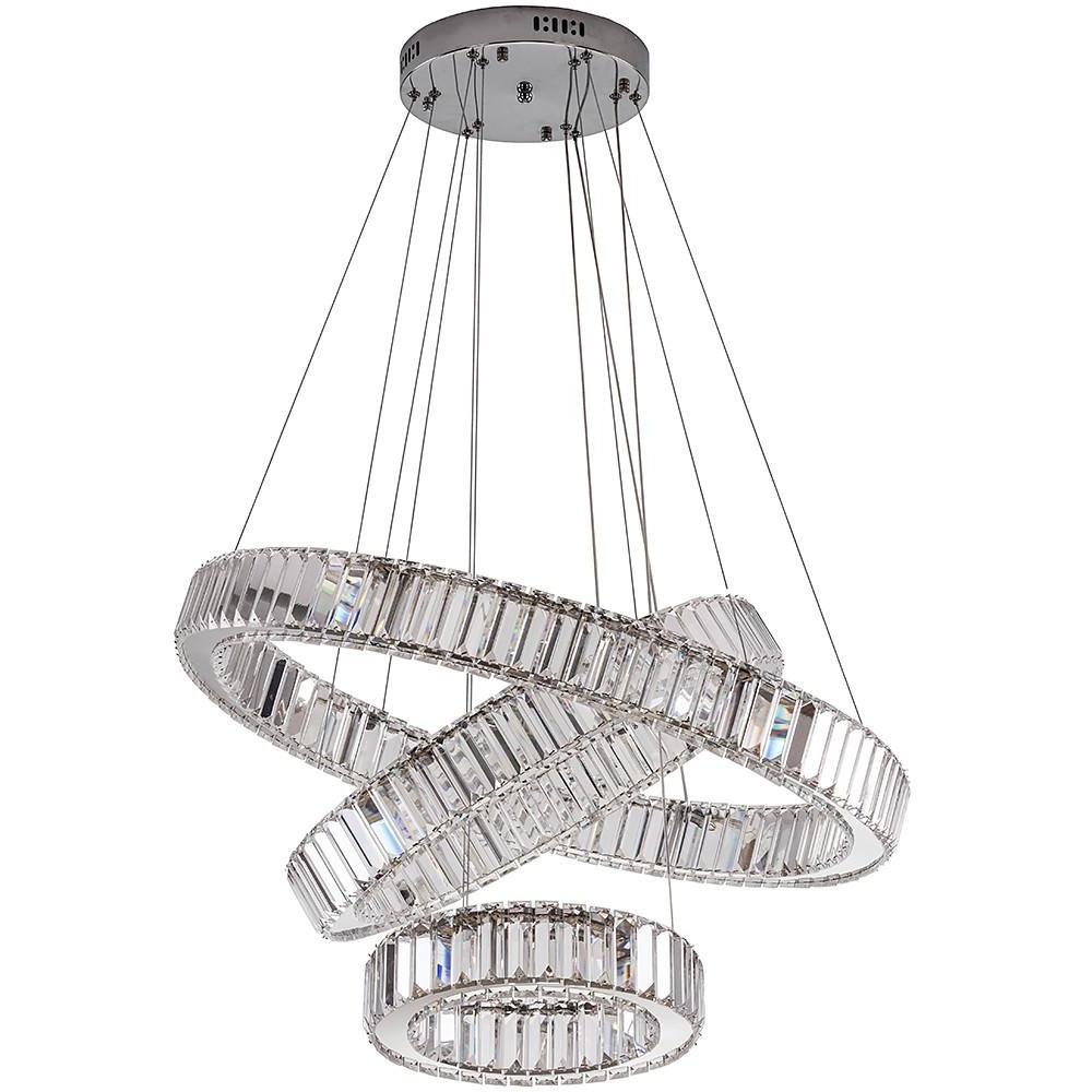 3-Tier Ring Chandelier — Polished Chrome and Crystal, LED, 28" Diameter, Adjustable Height