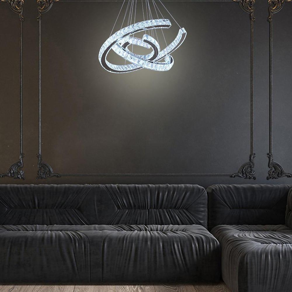 Crystal Wave Chandelier — Stainless Steel, 3-Light LED, 24" Wide, Adjustable 39" Cord