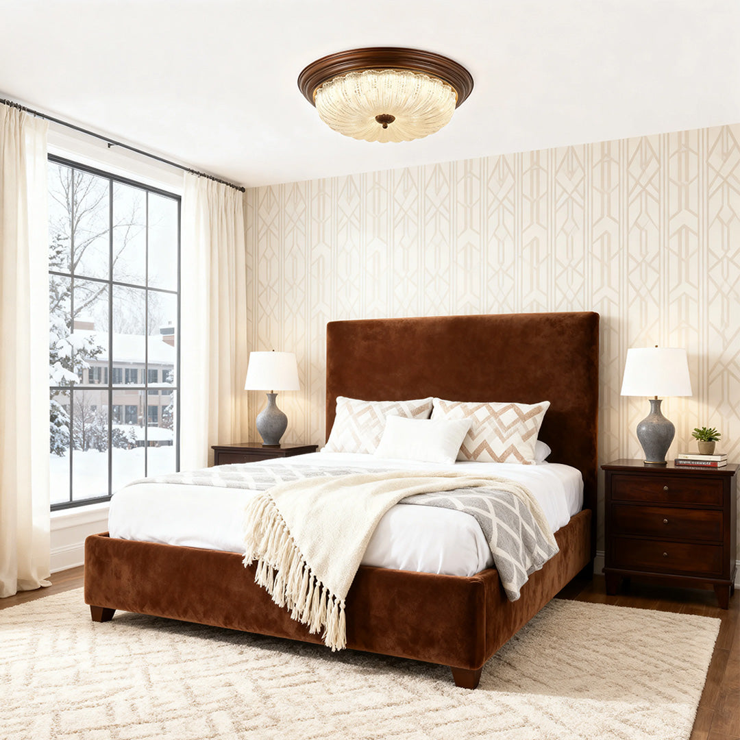 Pumpkin Dome Flush-Mount Ceiling Light — Walnut Iron Frame, Prismatic Glass, 3-Step Dimming, LED, 15"–23" Sizes