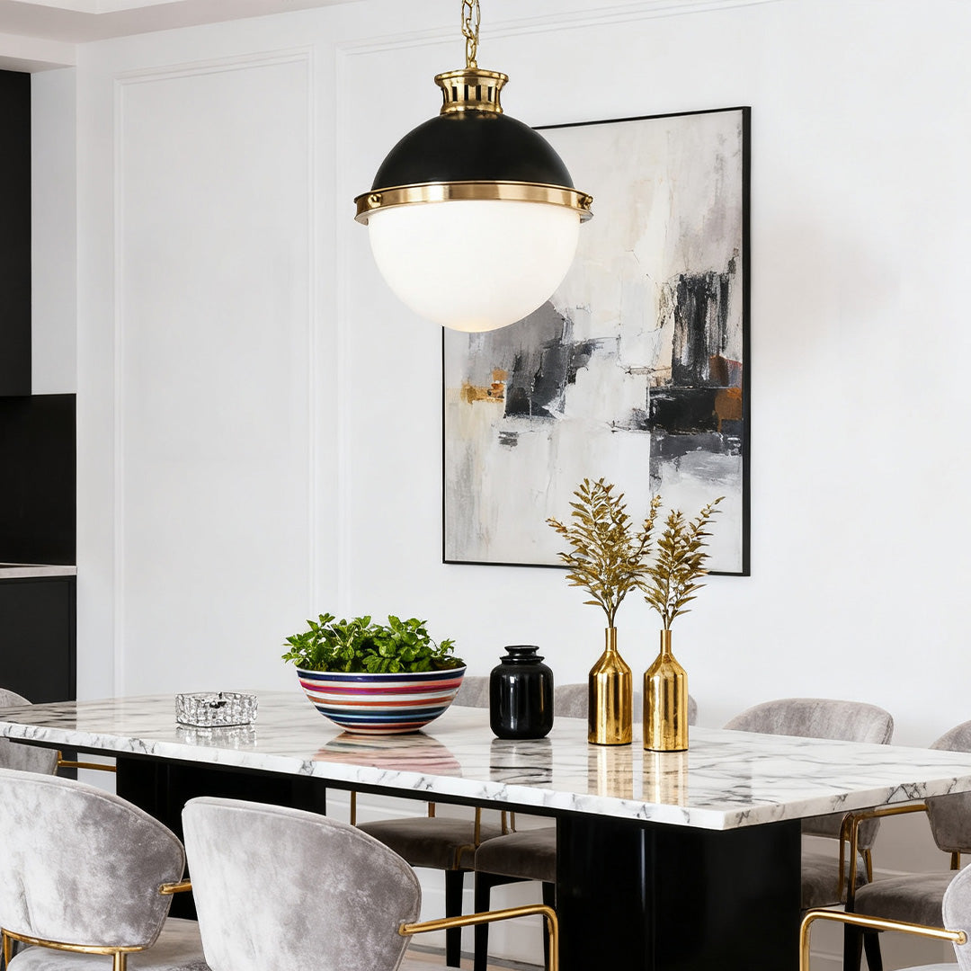 Globe Ball Pendant Light — Black Iron, Milk White Glass, E26, 13.7" Adjustable Hardwired