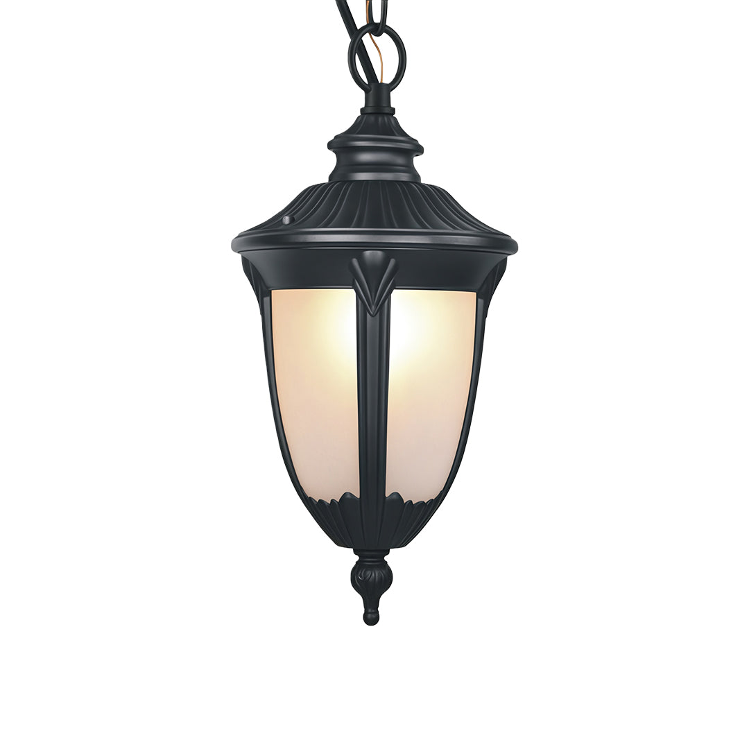 Black Aluminum Outdoor Porch Pendant Light — Glass Shade, 9W, IP44, 80cm Adjustable Chain