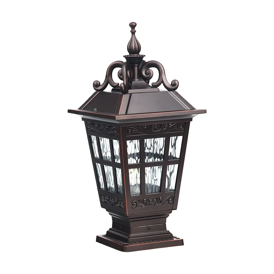 Vintage Carved Pillar Garden Light — Cast Aluminum with Glass Shade, 12W E27, IP44, 3000K Warm White