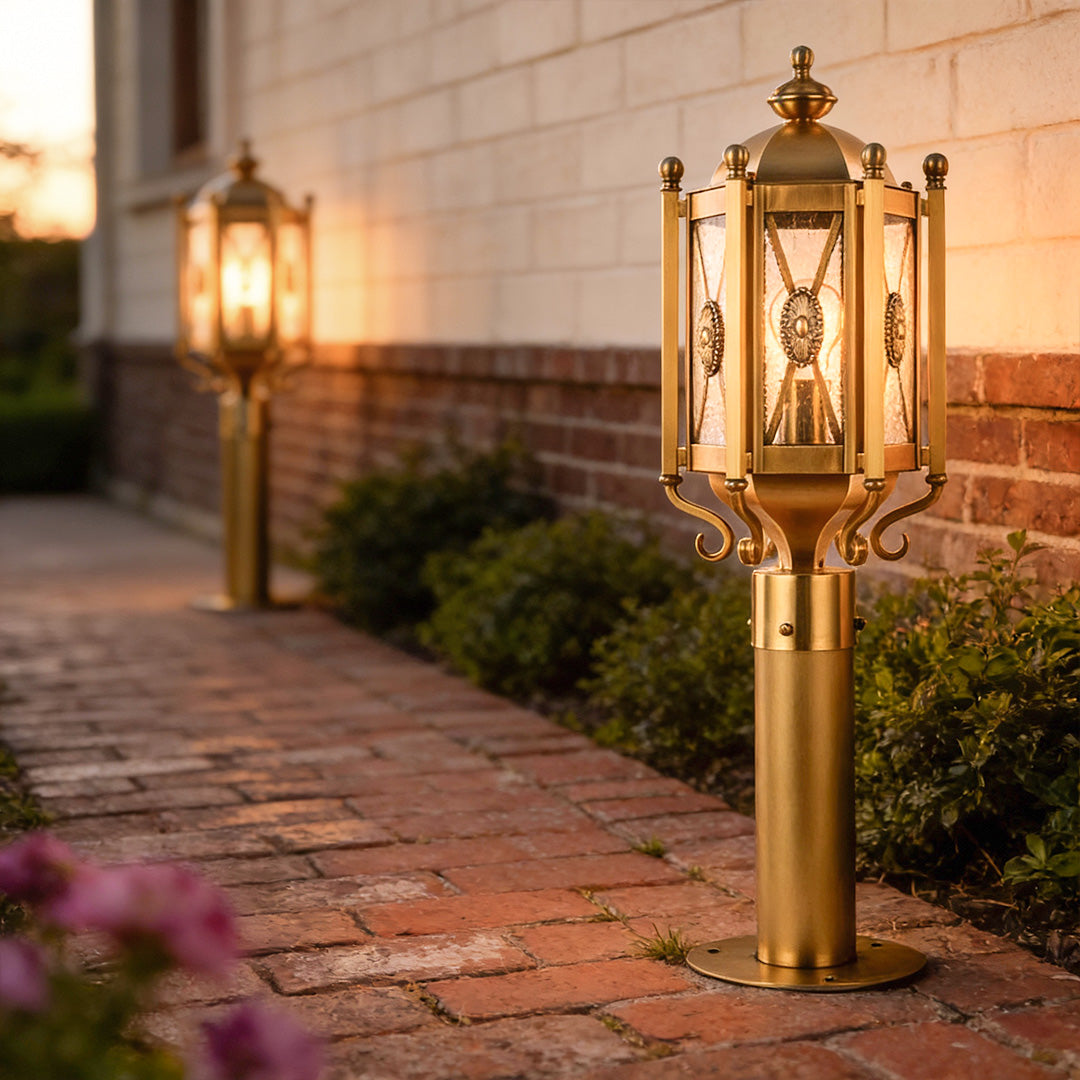 Copper Path Light — Solid Brass, Clear Glass Shade, E27, IP55 Weatherproof, Hardwired