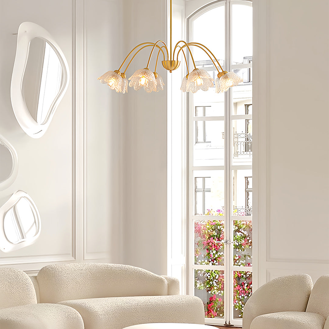 French Flower-Shaped Glass Chandelier — Full Copper, Brass Finish, 3-Step Dimming, 3, 6, or 8-Light