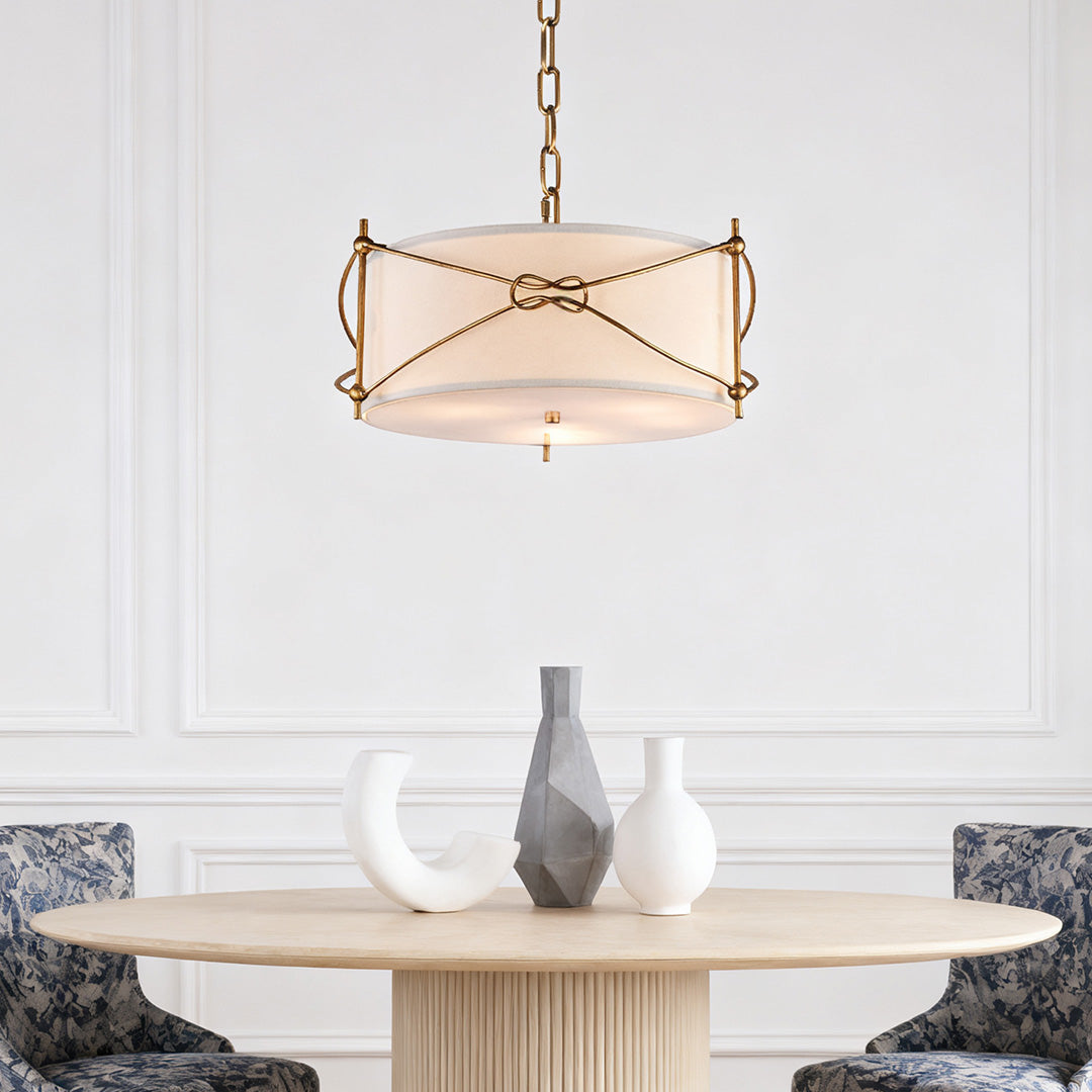 Drum Pendant Light — White Acrylic and Gold Metal Frame, 19.7" Diameter, E12, Adjustable Chain