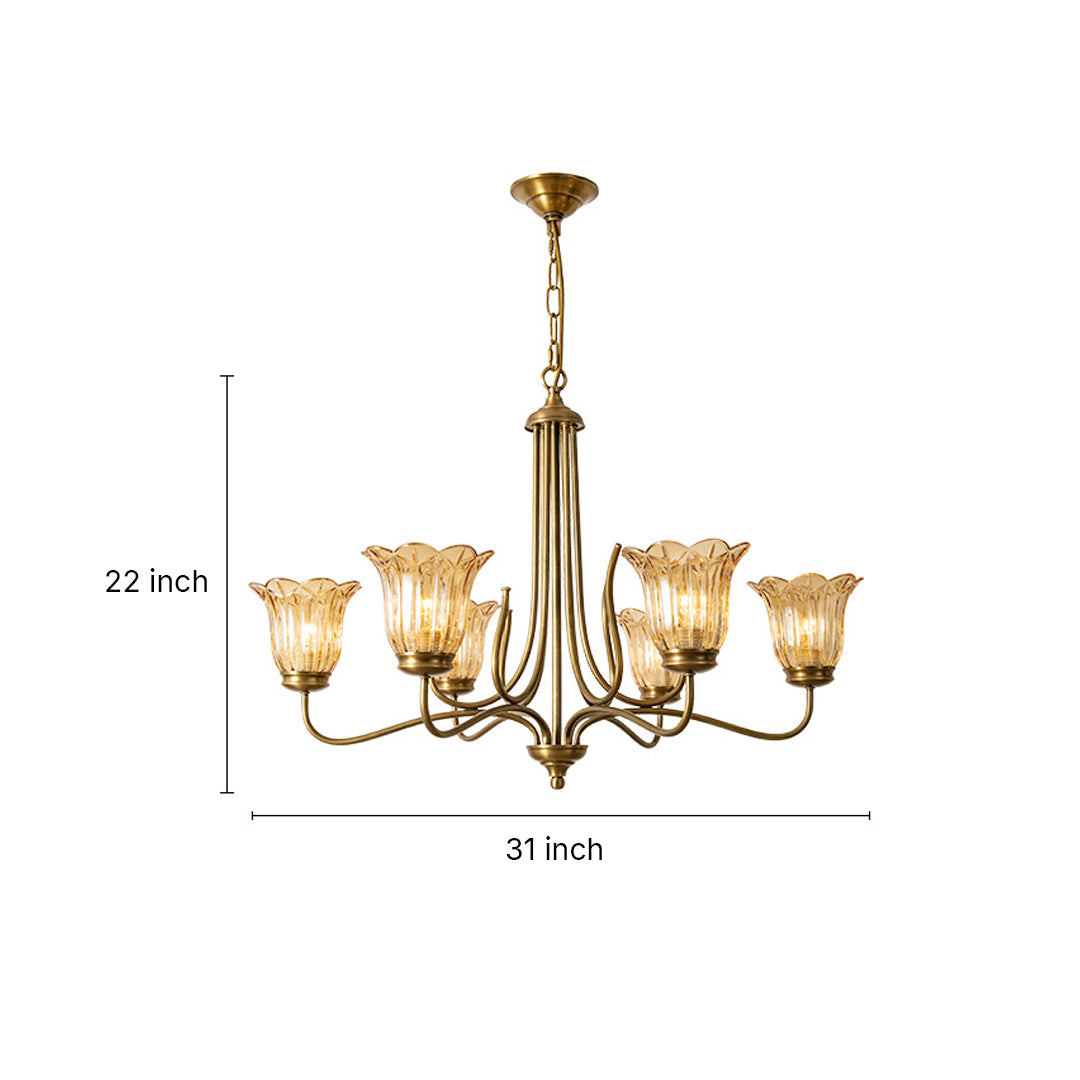 Vintage Gold Glass Chandelier — Full Copper Brass, 6-Light E14, 3-Step Dimming, 31"