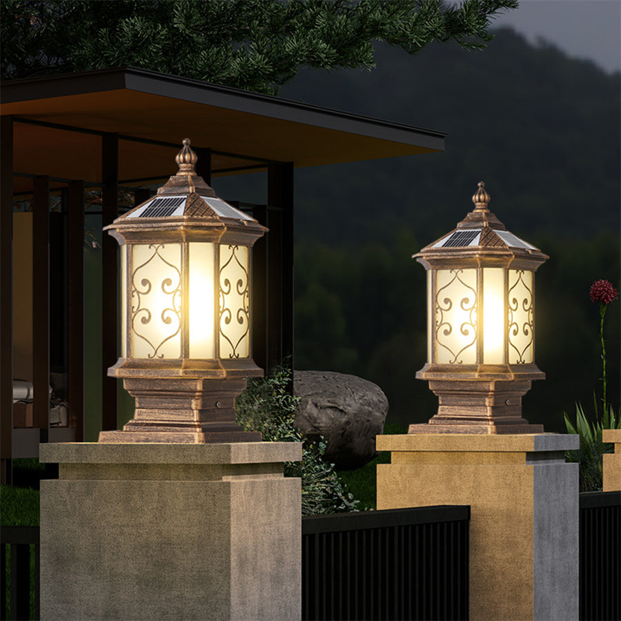 Retro Lantern Outdoor Gate Pillar Light — Die-Cast Aluminum, Frosted Glass, Solar or Hardwired, Black or Bronze