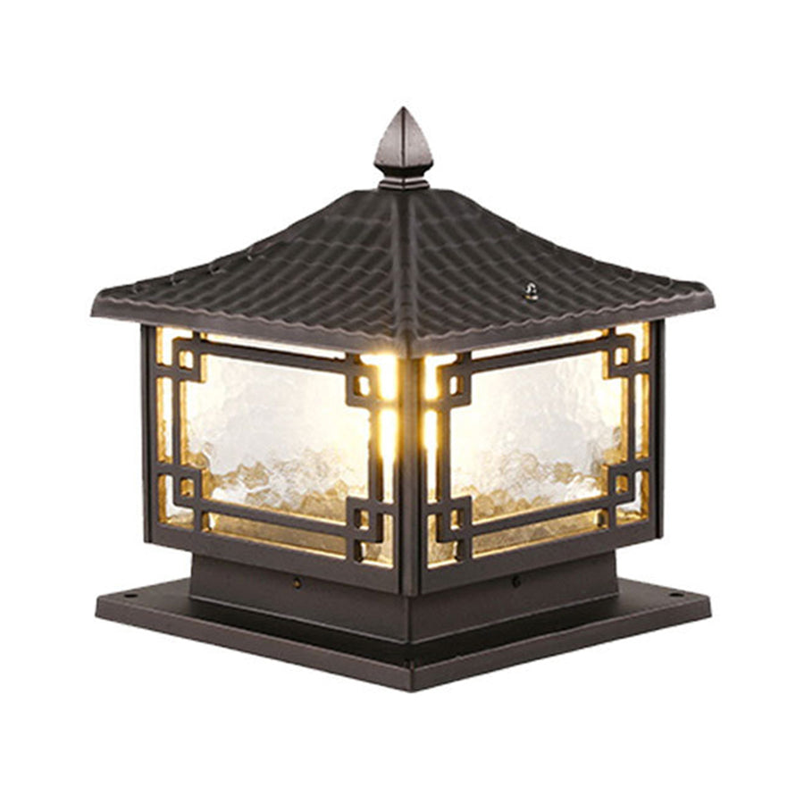 Retro Square Lantern Outdoor Pillar Light — Die-Cast Aluminum, Coffee Gold, E27, IP54, 3-Step Dimming, Solar or Hardwired