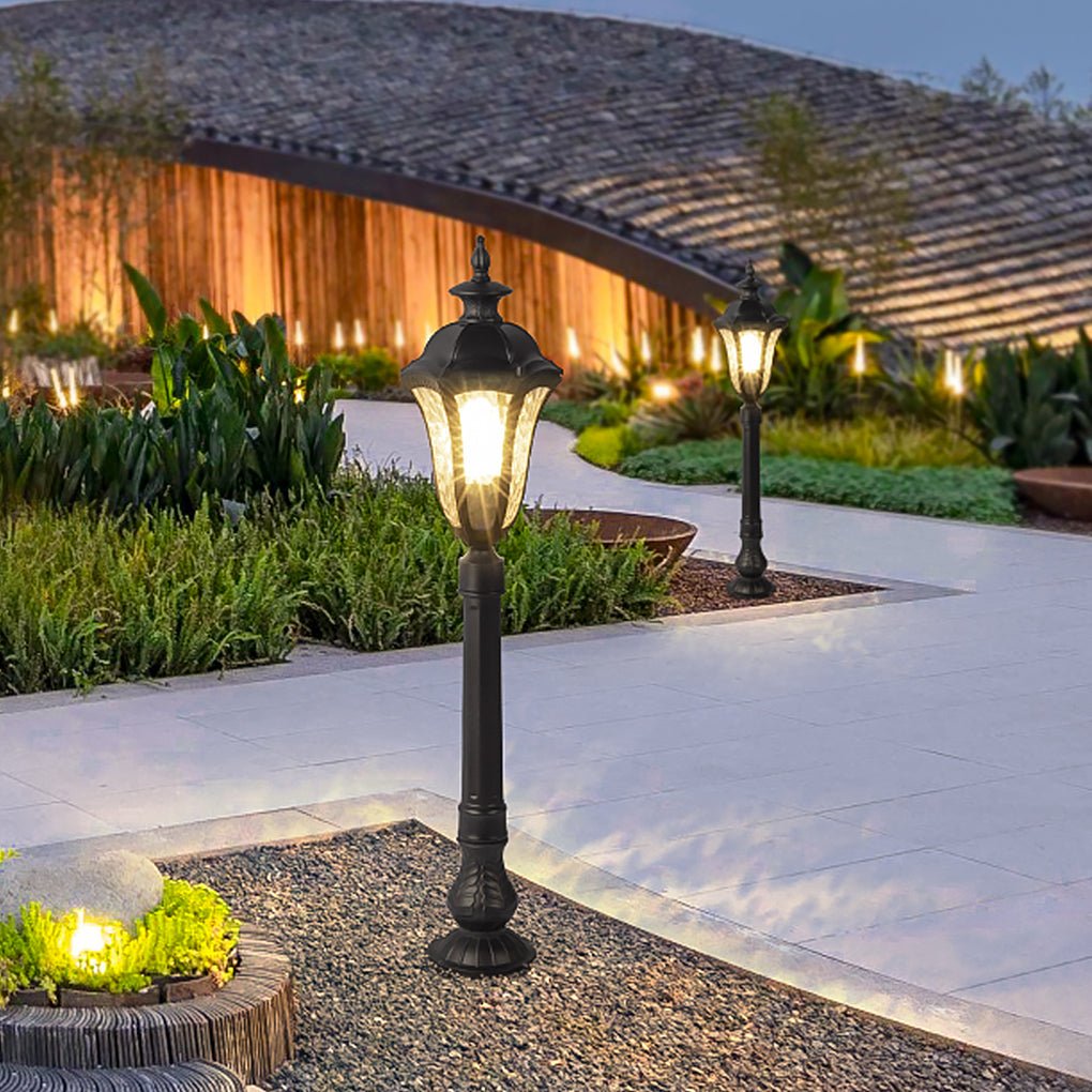 Retro Cracked-Shade Outdoor Post Light — Black Iron & PC, E27, IP54 Weatherproof, 8" x 33"