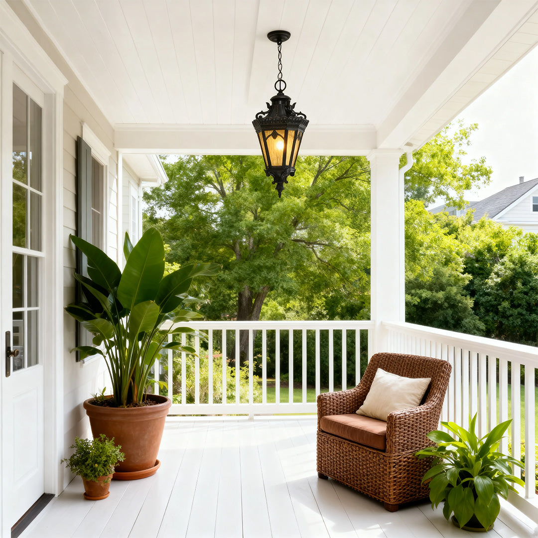 Classic Outdoor Hanging Pendant Light — Black Aluminum, Glass Shade, 18W, IP44 Weatherproof