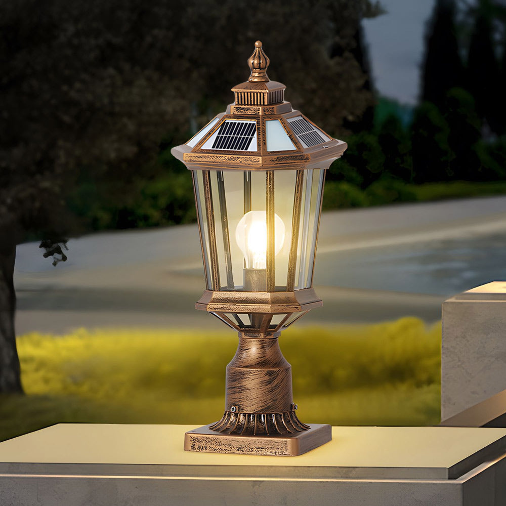 Octagonal Pagoda Pillar Light — Aluminum & Glass, Solar / Hardwired, 3-Step Dimming, Black or Bronze