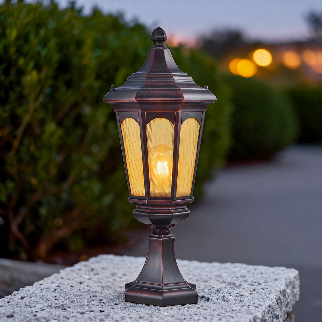 Retro Outdoor Pillar Light — Sand-Black Aluminum and Glass, 18W LED, E26, IP44, Hardwired, 26.18" H