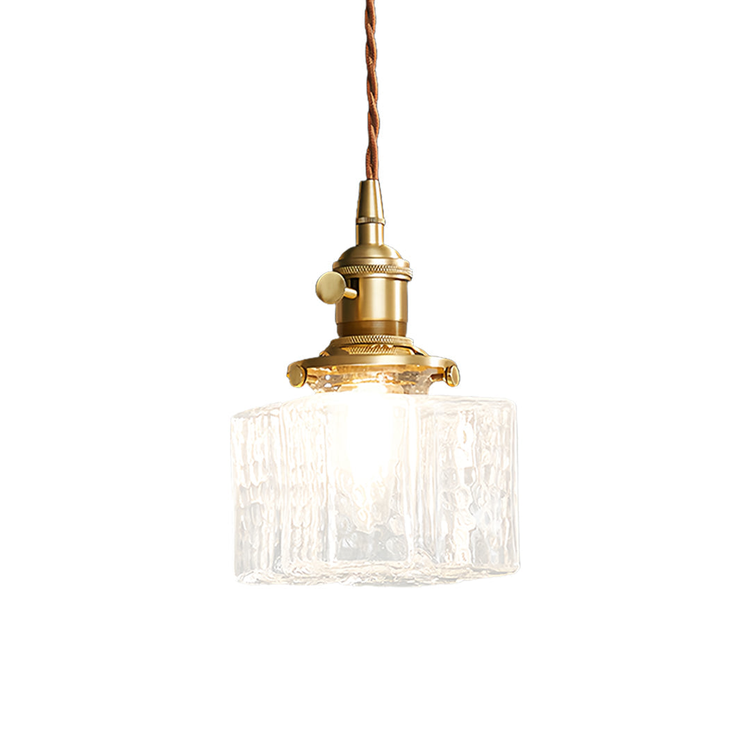 Vintage Brass and Glass Square Mini Pendant — Japandi Zen, Amber or Clear Glass, 3-Step Dimming, 2-Meter Adjustable Cord