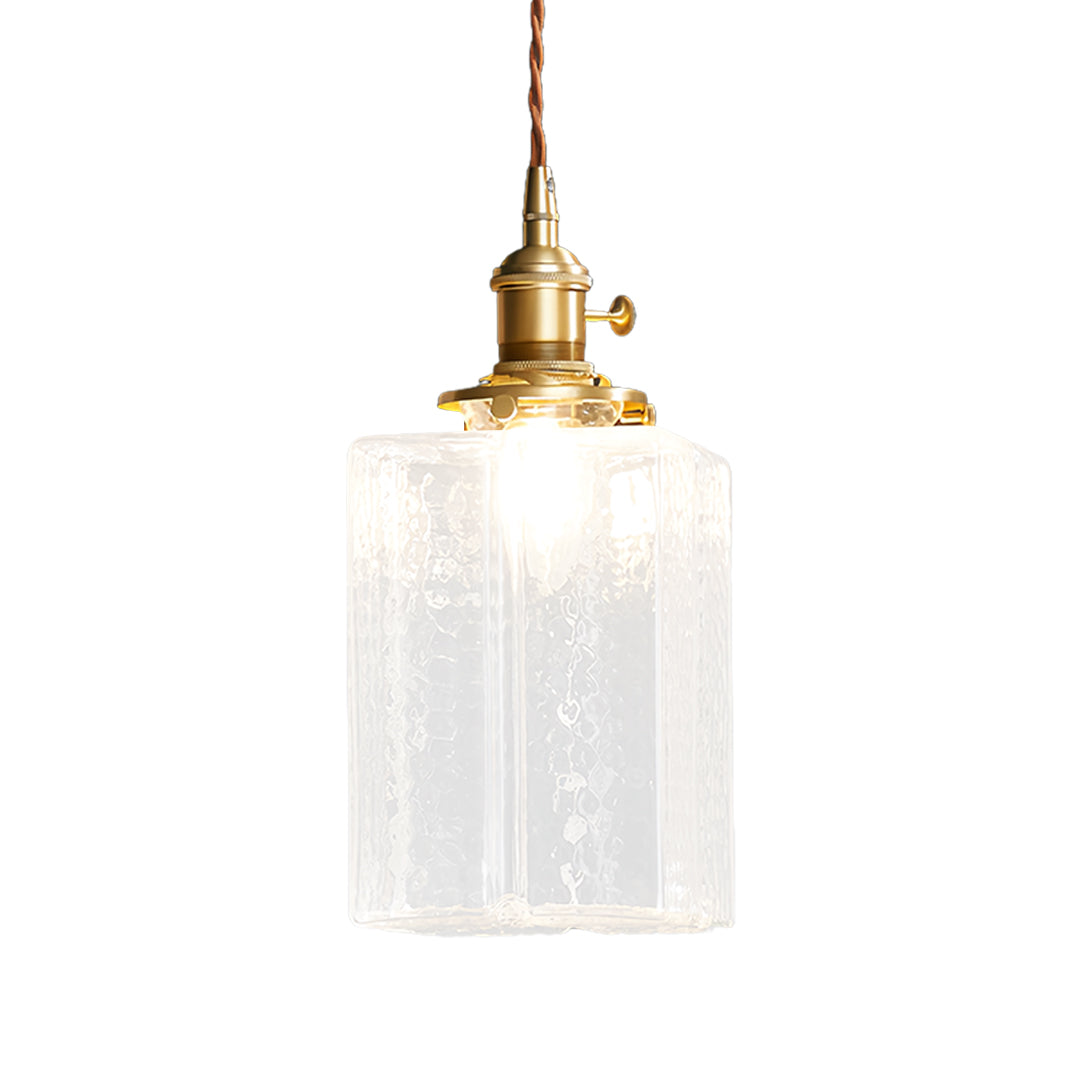 Vintage Brass and Glass Square Mini Pendant — Japandi Zen, Amber or Clear Glass, 3-Step Dimming, 2-Meter Adjustable Cord