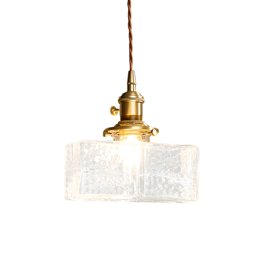 Vintage Brass and Glass Square Mini Pendant — Japandi Zen, Amber or Clear Glass, 3-Step Dimming, 2-Meter Adjustable Cord