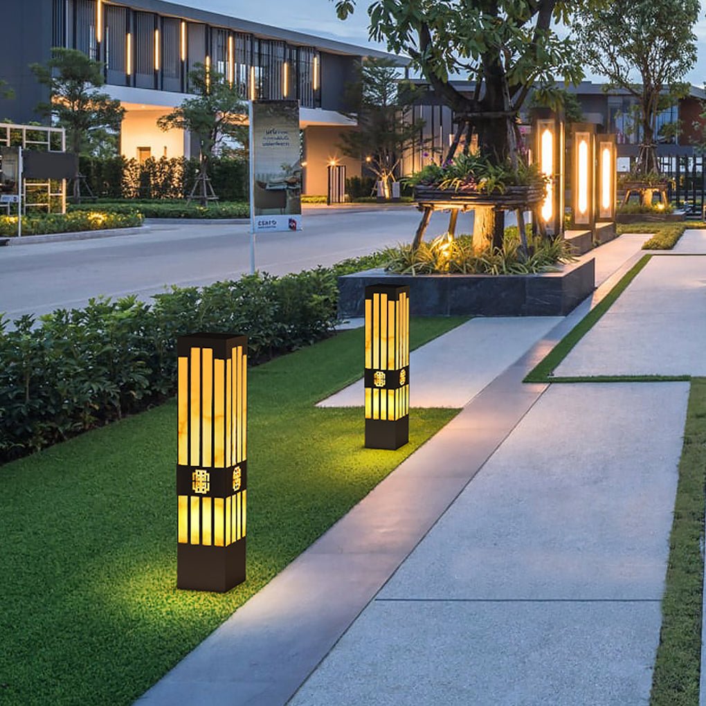 Rectangular Streak-Cut Outdoor Bollard Light — Stainless Steel and Imitation Marble, E27, IP54, 16" to 110"