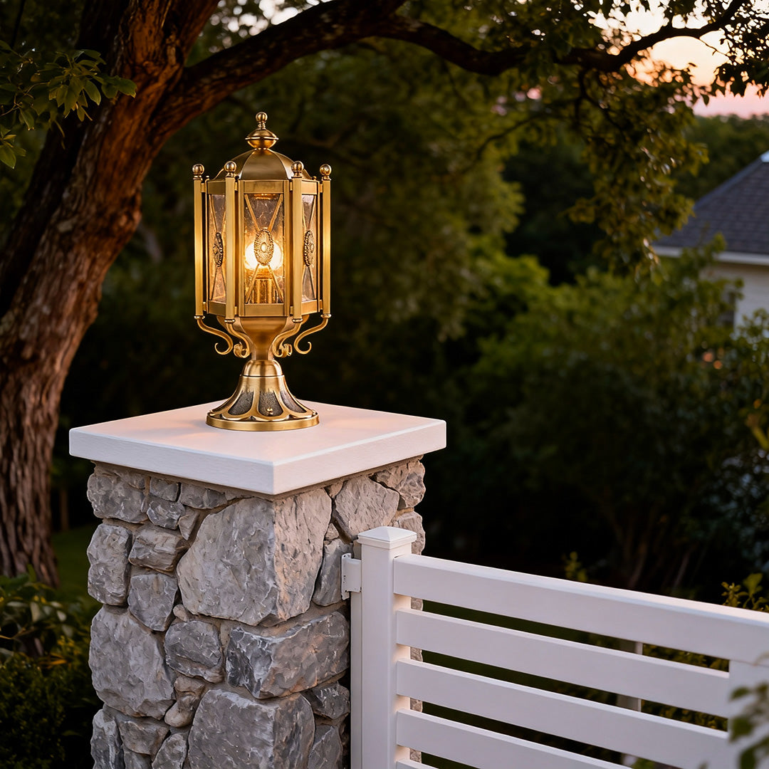 Vintage Copper Outdoor Pillar Light — Solid Copper, Glass Shade, IP55 Weatherproof, E27/E14