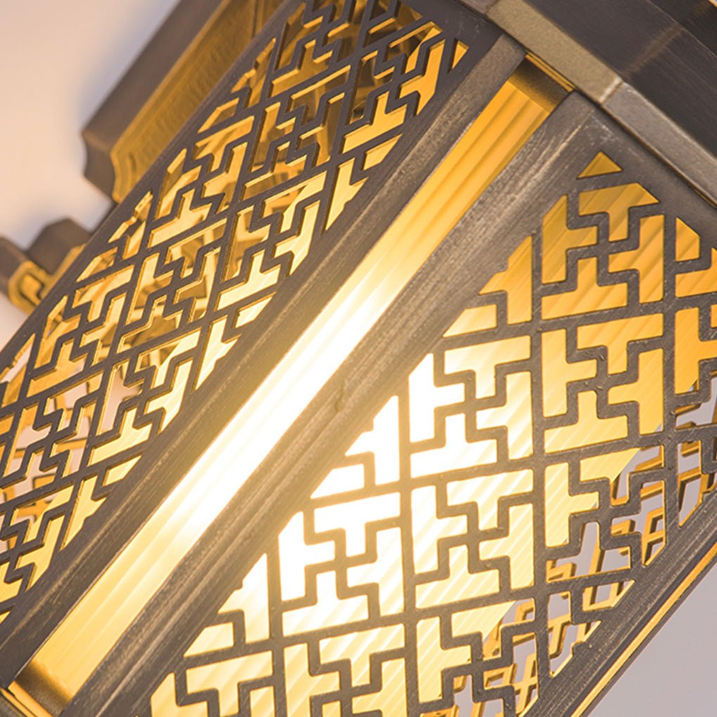 Classical Hollow-Pattern Outdoor Wall Sconce — Copper Iron & Glass, E27, IP54 Waterproof, 6" × 16"