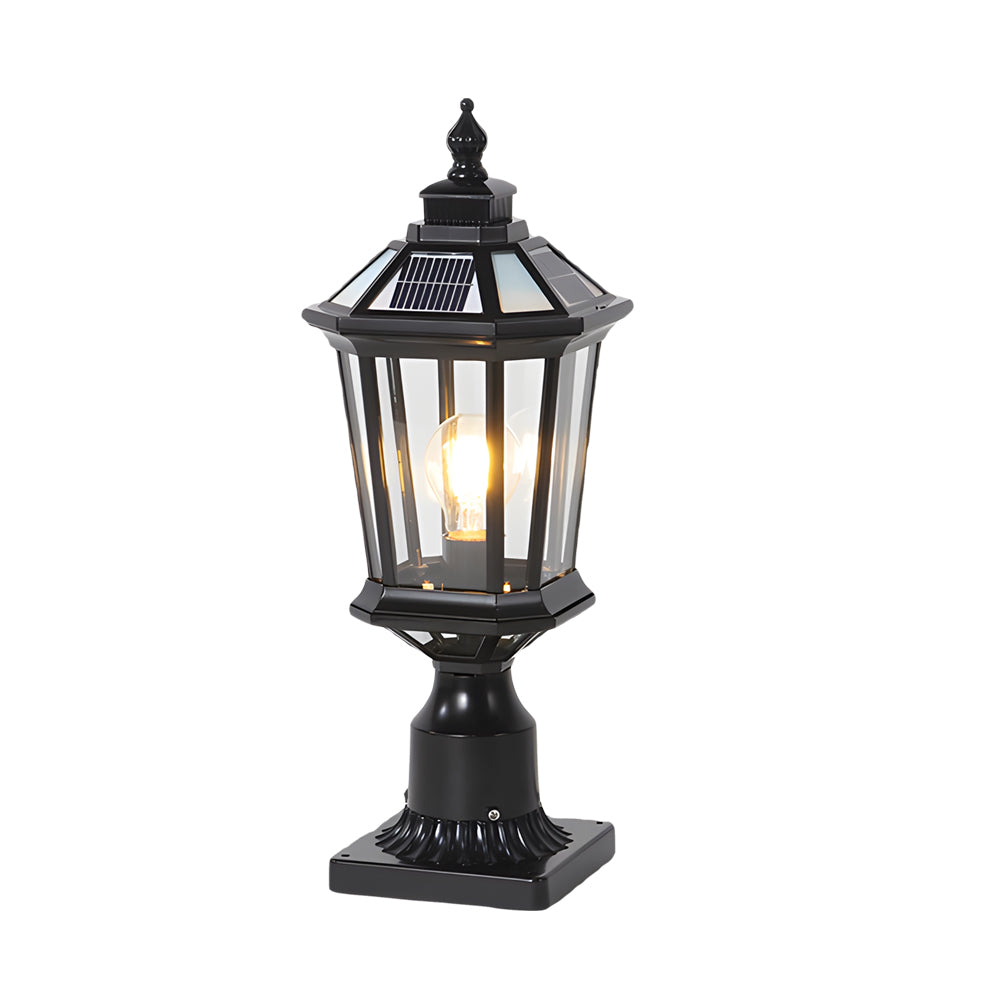 Octagonal Pagoda Pillar Light — Aluminum & Glass, Solar / Hardwired, 3-Step Dimming, Black or Bronze
