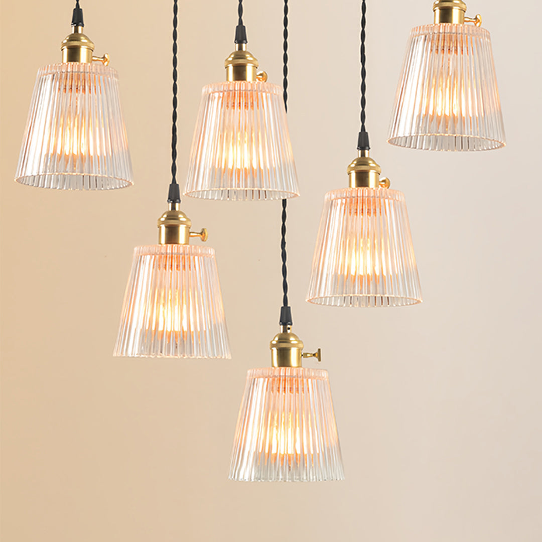 Minimalist Brass Mini Pendant — Clear Striped Glass, E26, 1-Light, Adjustable 1.4m Cord