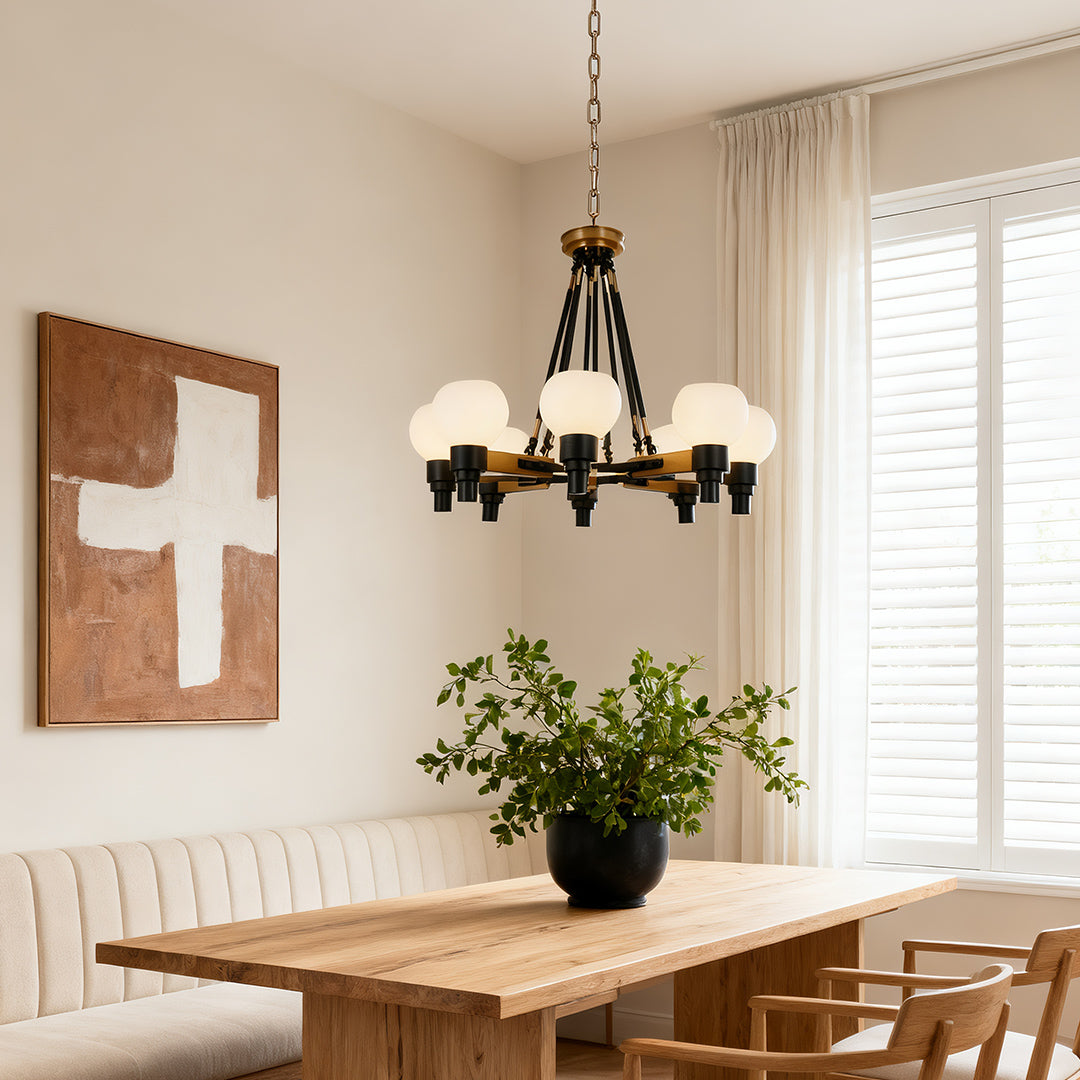 8-Light Bean Globe Chandelier — Black Metal, Transparent Glass, 29.9" Diameter, Hardwired