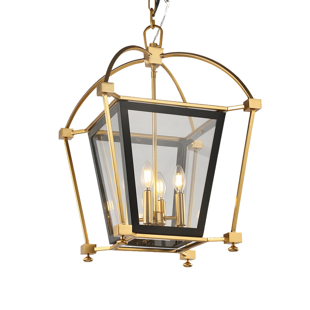 Industrial Gold Lantern Pendant — Black and Gold Iron, 4-Light E12, Adjustable Chain, Acrylic Shade