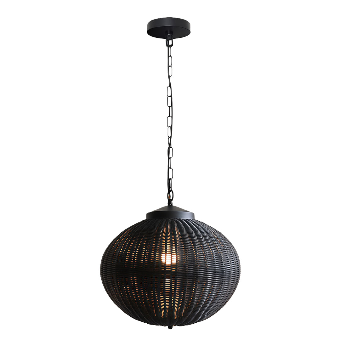 Woven Rattan Outdoor Pendant Light — Black Iron, LED, 7W, 47.2" Adjustable Chain, 3 Sizes