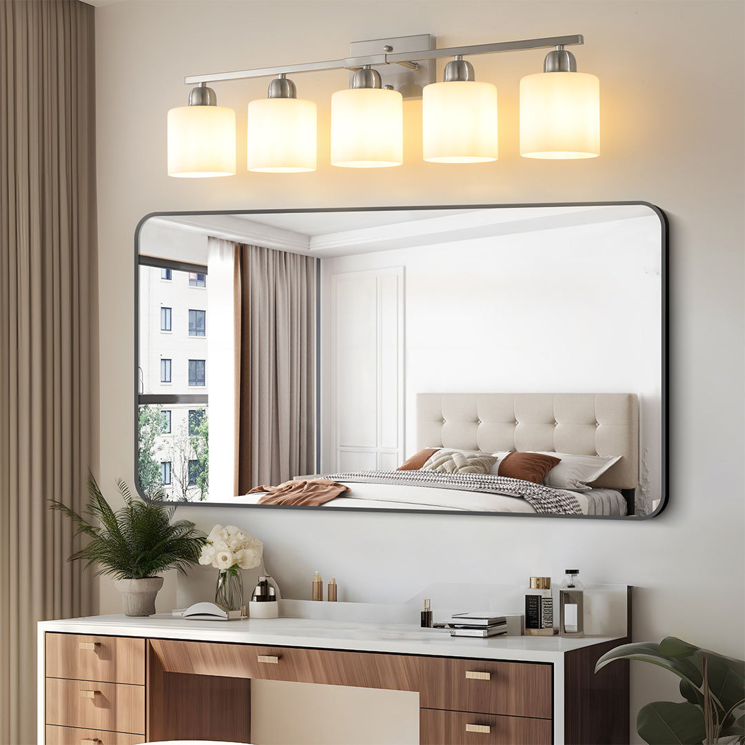 Minimalist Bathroom Vanity Light — Creamy White Glass, Metal Frame, E26, 4/5/6/8/10-Light, Matte Black / Sand Nickel / Copper