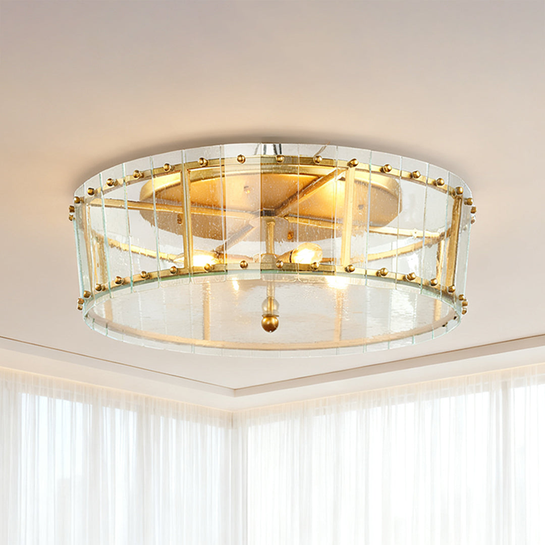 Round Geometric Flush-Mount Ceiling Light — Gold, Transparent Glass Shade, E12 Multi-Light, 24"