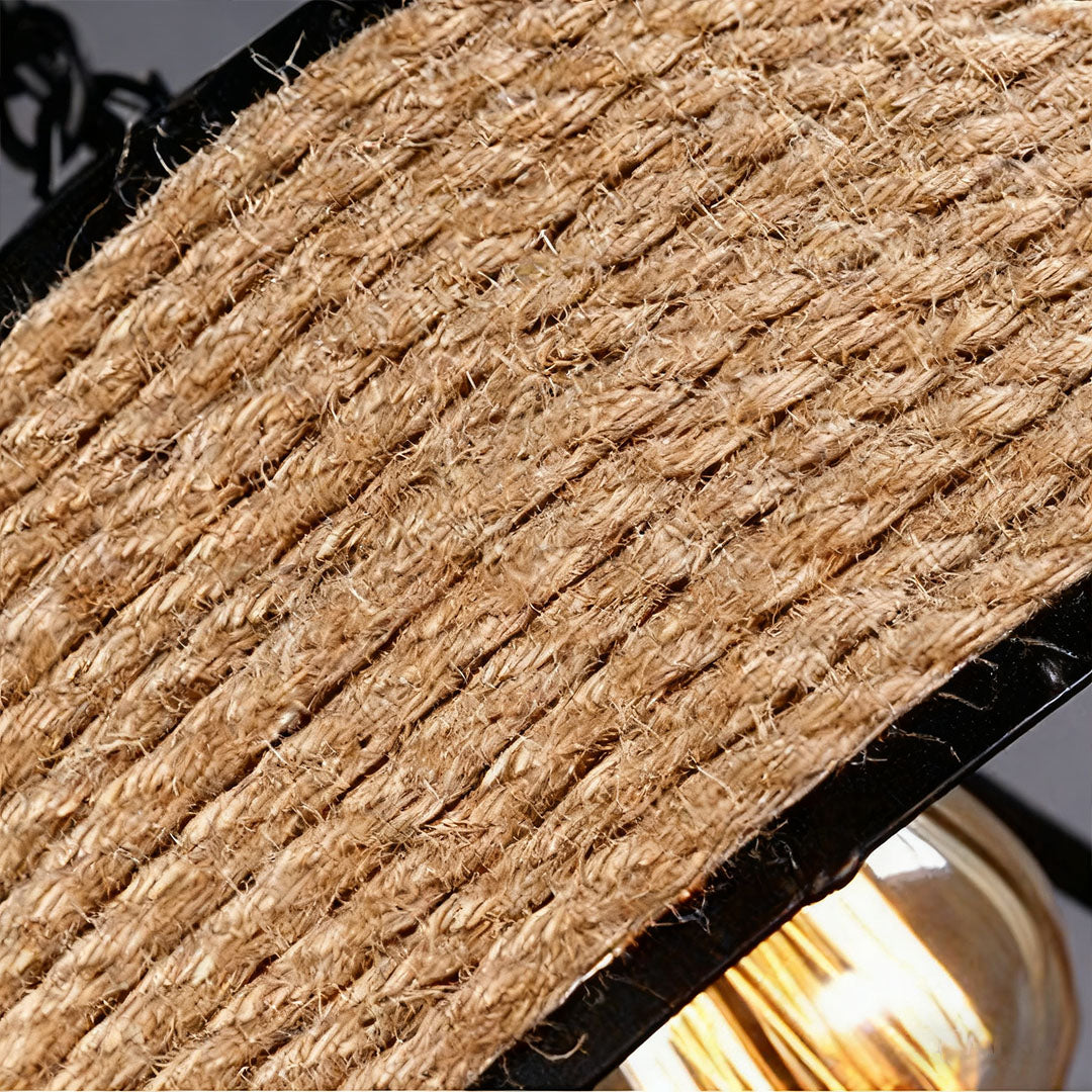 Circular Iron and Hemp Rope Pendant Light — Black, E27, 4W Warm, Adjustable 1.5m Suspension