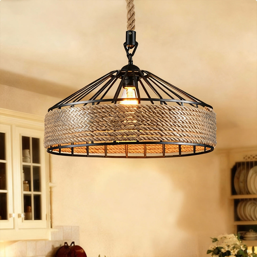 Circular Iron and Hemp Rope Pendant Light — Black, E27, 4W Warm, Adjustable 1.5m Suspension