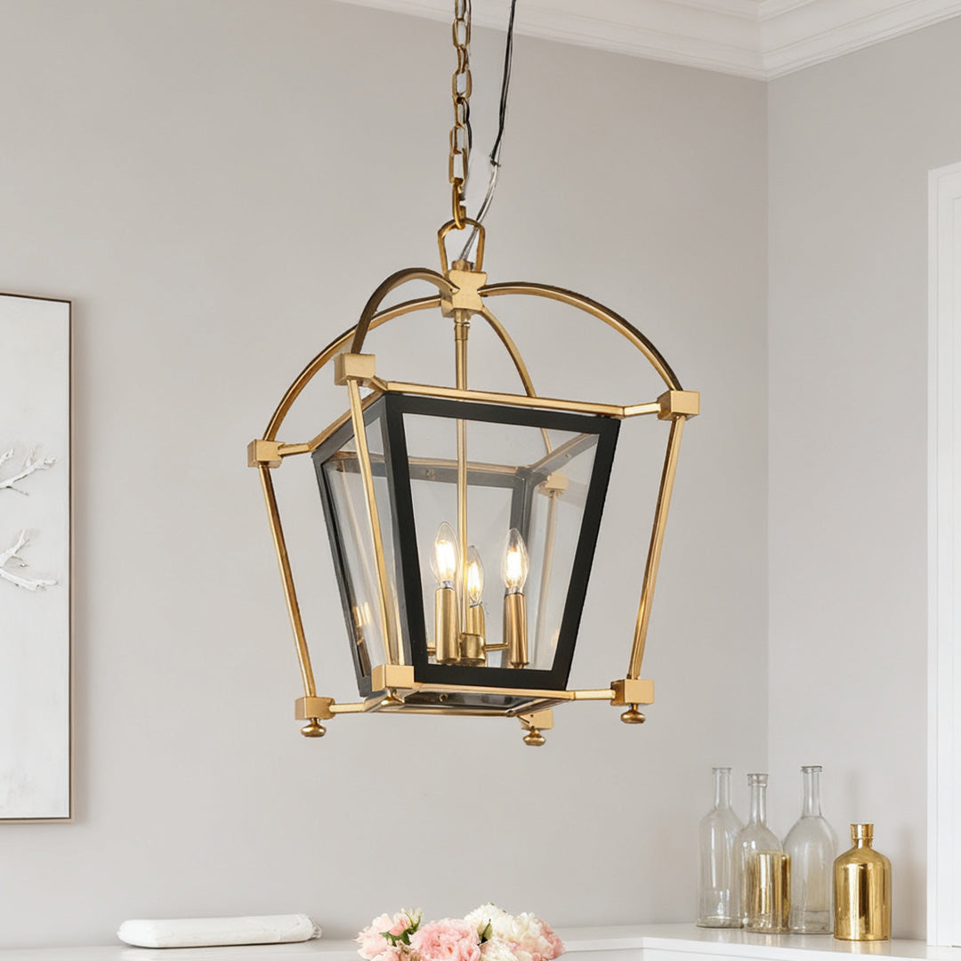 Industrial Gold Lantern Pendant — Black and Gold Iron, 4-Light E12, Adjustable Chain, Acrylic Shade
