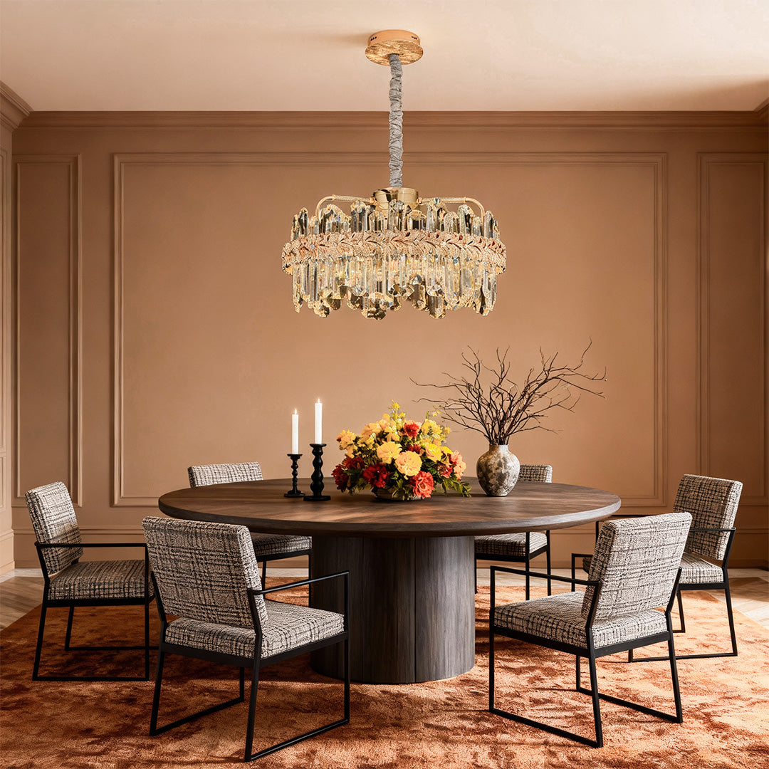 Crystal Chandelier — Champagne Gold-Plated Steel, Tri-Color LED, Single, Double, or Oval Layer, 6 Sizes