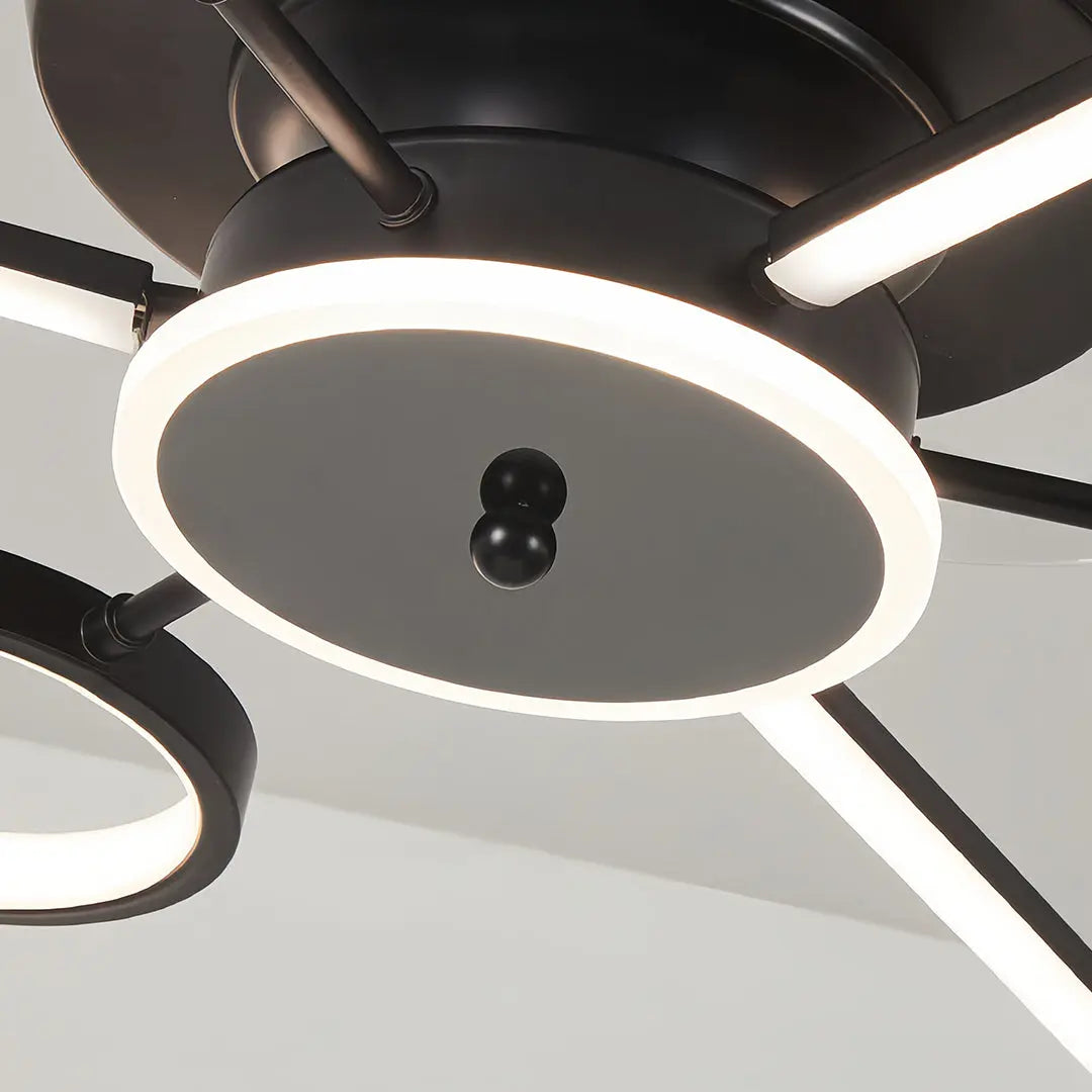French Vintage Black Iron Ceiling Fan with Three Blades and Multiple Lights Luxe