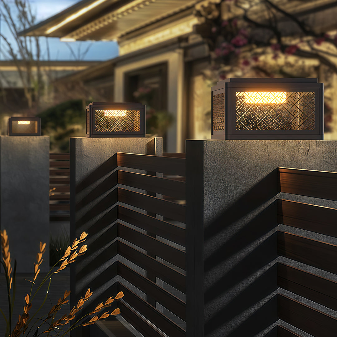 Modern Square Pillar Gate Light — Aluminum, Solar / Hardwired, Four-Color LED, IP54, 3 Sizes