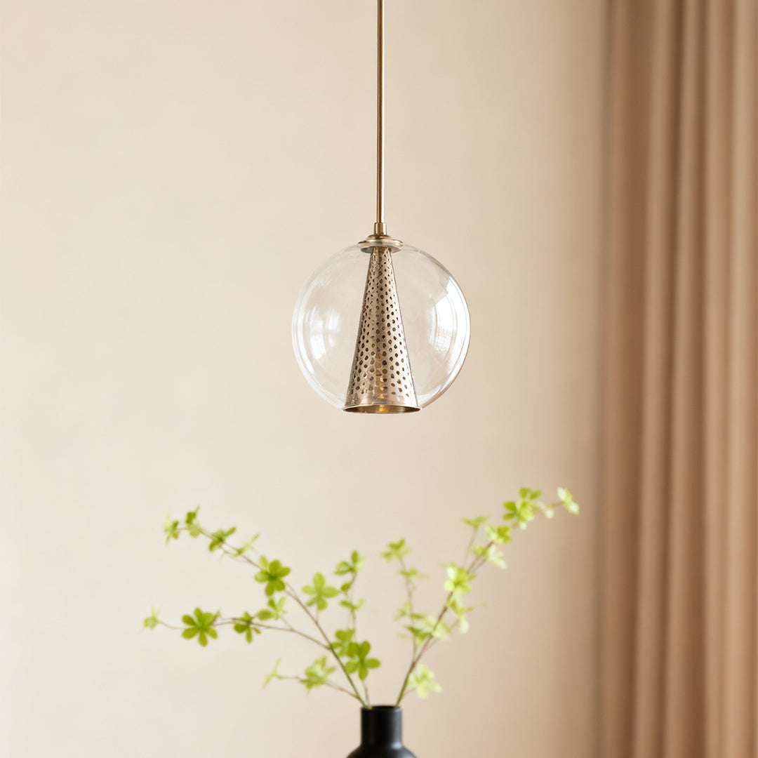 Glass Ball and Perforated Cone Pendant — Natural Copper, Italian Minimalist, E26, Adjustable Rod