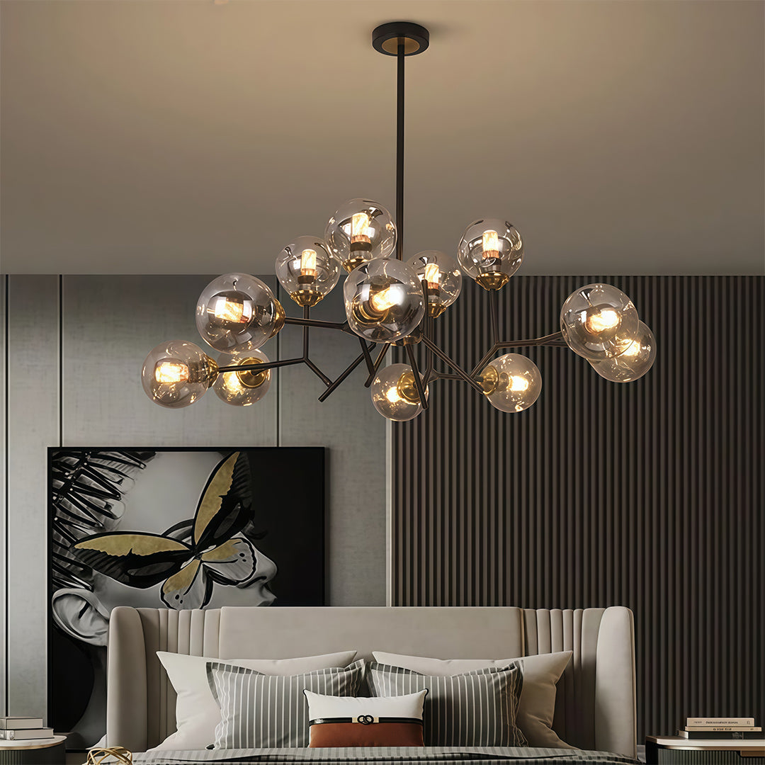 Glass Globe Chandelier — Black Iron, 12-Light E27, 144W, Adjustable Hanging Rod, 35.43" Wide