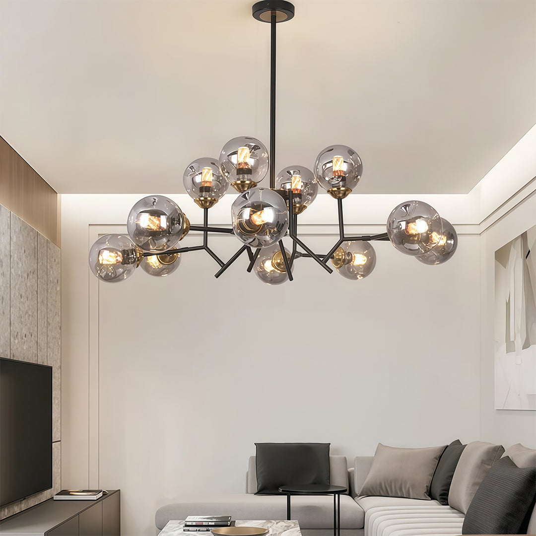 Glass Globe Chandelier — Black Iron, 12-Light E27, 144W, Adjustable Hanging Rod, 35.43" Wide