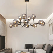 Glass Globe Chandelier — Black Iron, 12-Light E27, 144W, Adjustable Hanging Rod, 35.43" Wide