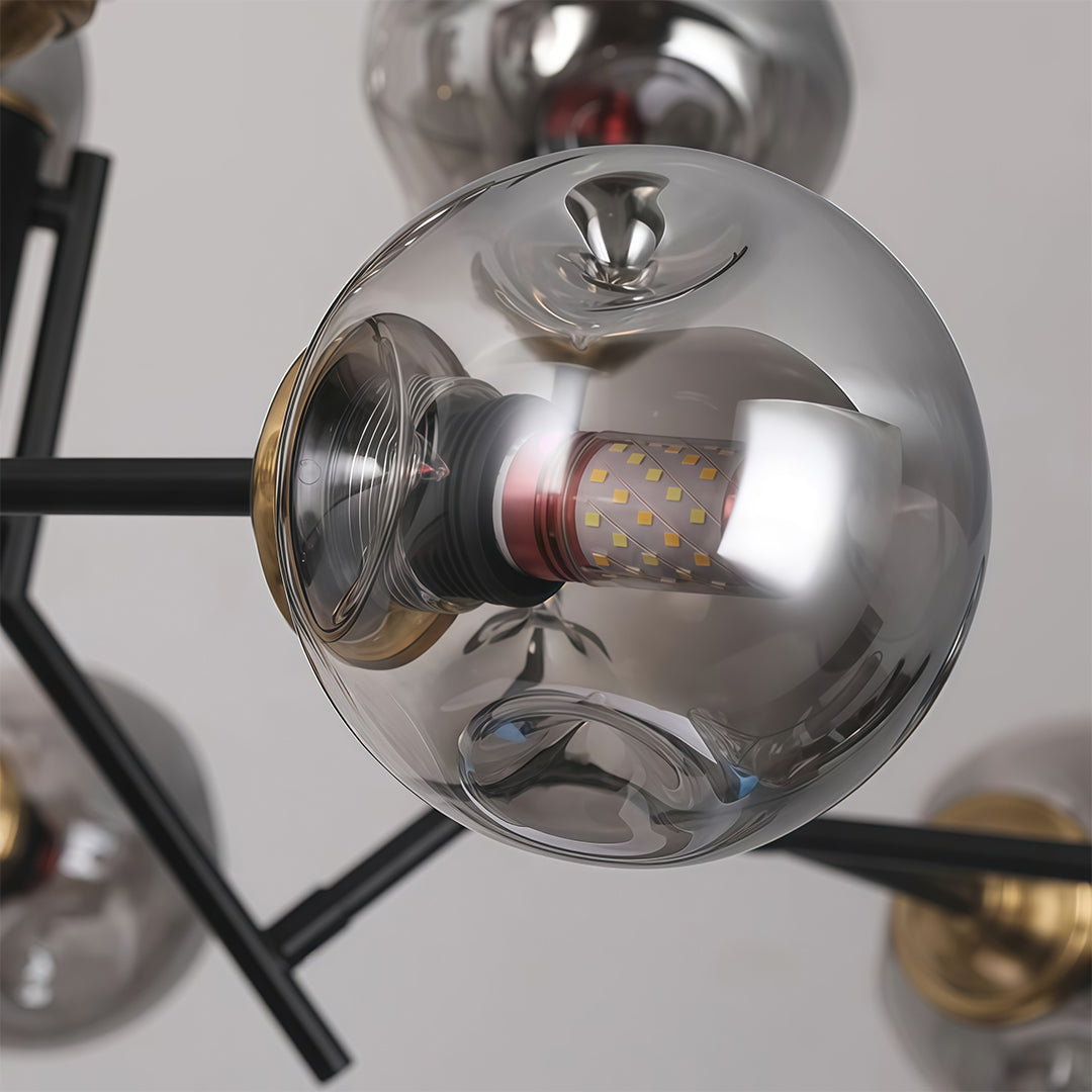 Glass Globe Chandelier — Black Iron, 12-Light E27, 144W, Adjustable Hanging Rod, 35.43" Wide