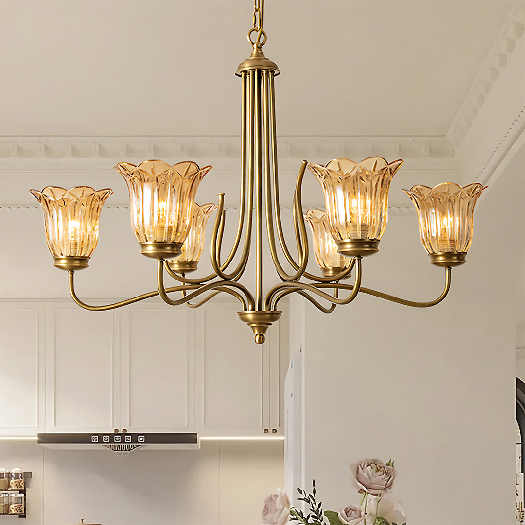 Vintage Gold Glass Chandelier — Full Copper Brass, 6-Light E14, 3-Step Dimming, 31"