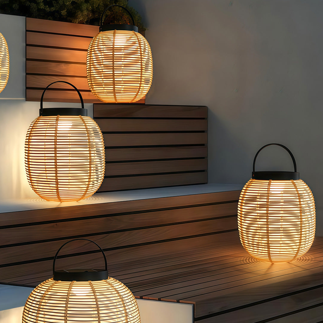 Wicker-Weave Solar Outdoor Lantern — Iron Frame, 7W LED, IP65, Warm White 3000K