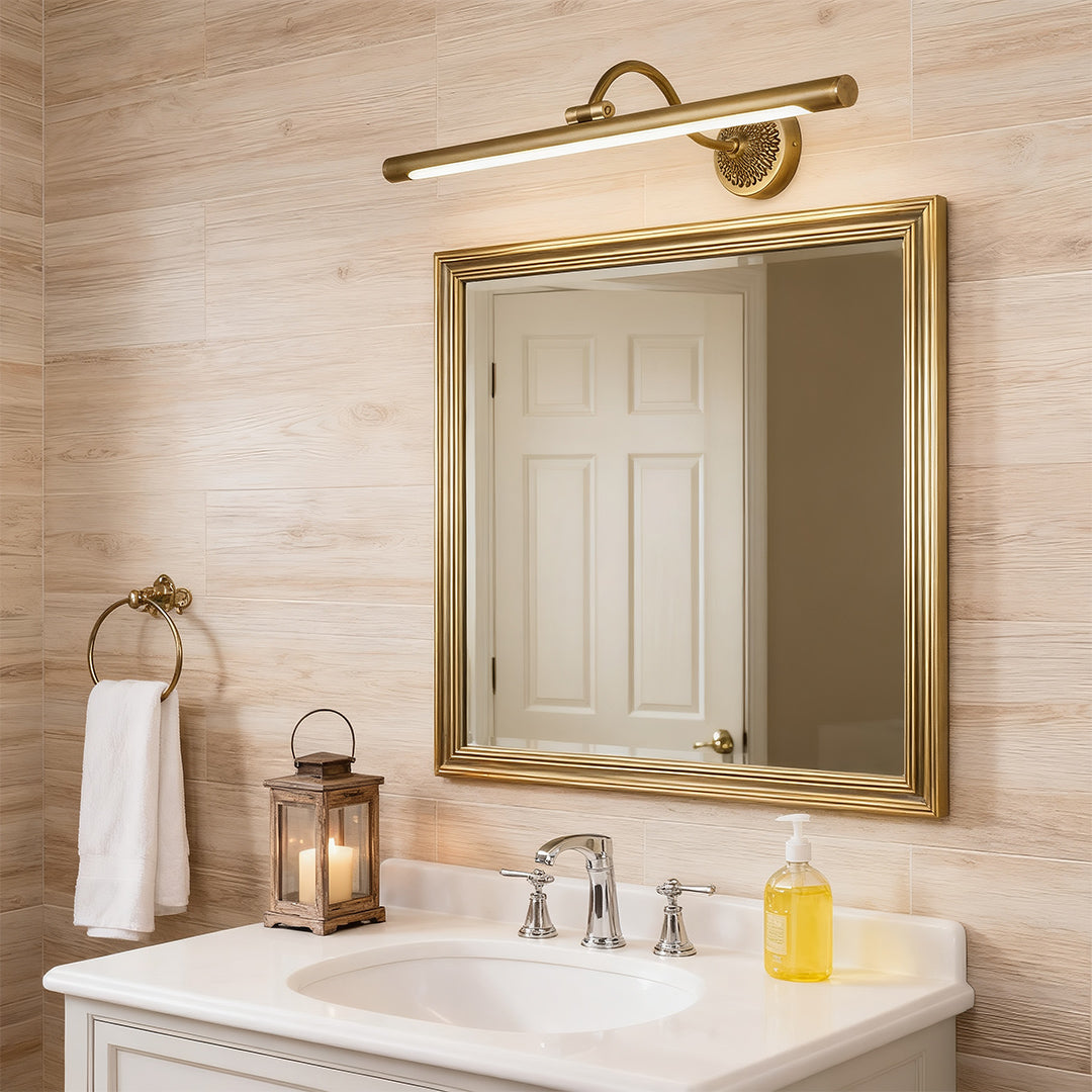 Retro Tube Vanity Light Bar — Full Copper, White Acrylic, LED 4000K, 240° Adjustable, 9W–16W, 17.7"–29.5"
