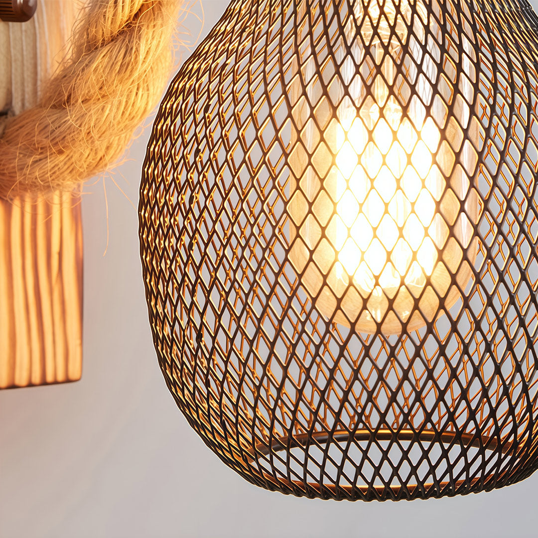 Rustic Iron Mesh Wall Sconce — Jute Rope and Wood Accents, 4W LED E27, Hardwired, Warm White 3000K
