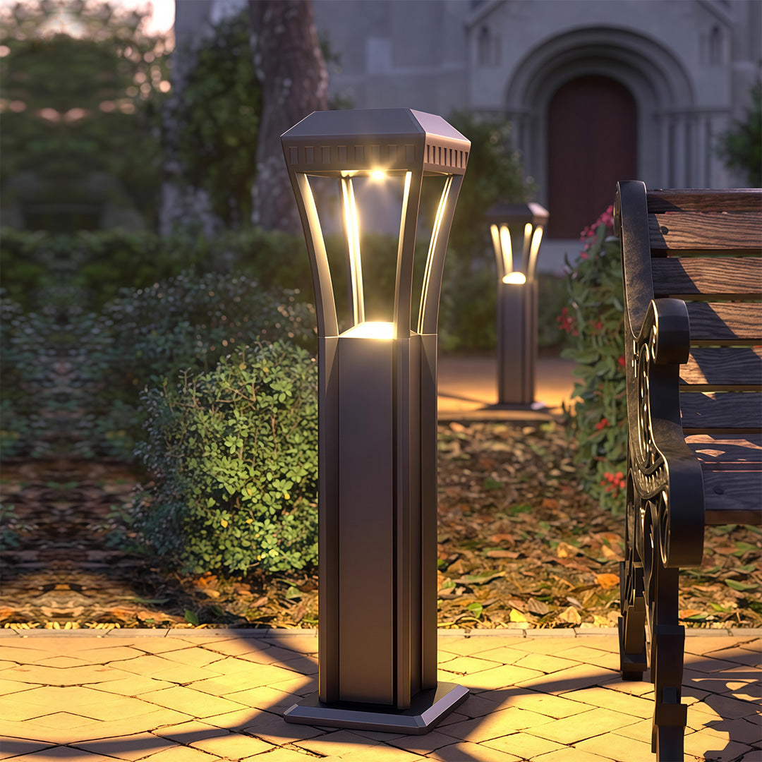 Geometric Square Bollard Light — Black Aluminum, Transparent Glass, 7W LED, IP54, 60cm / 80cm