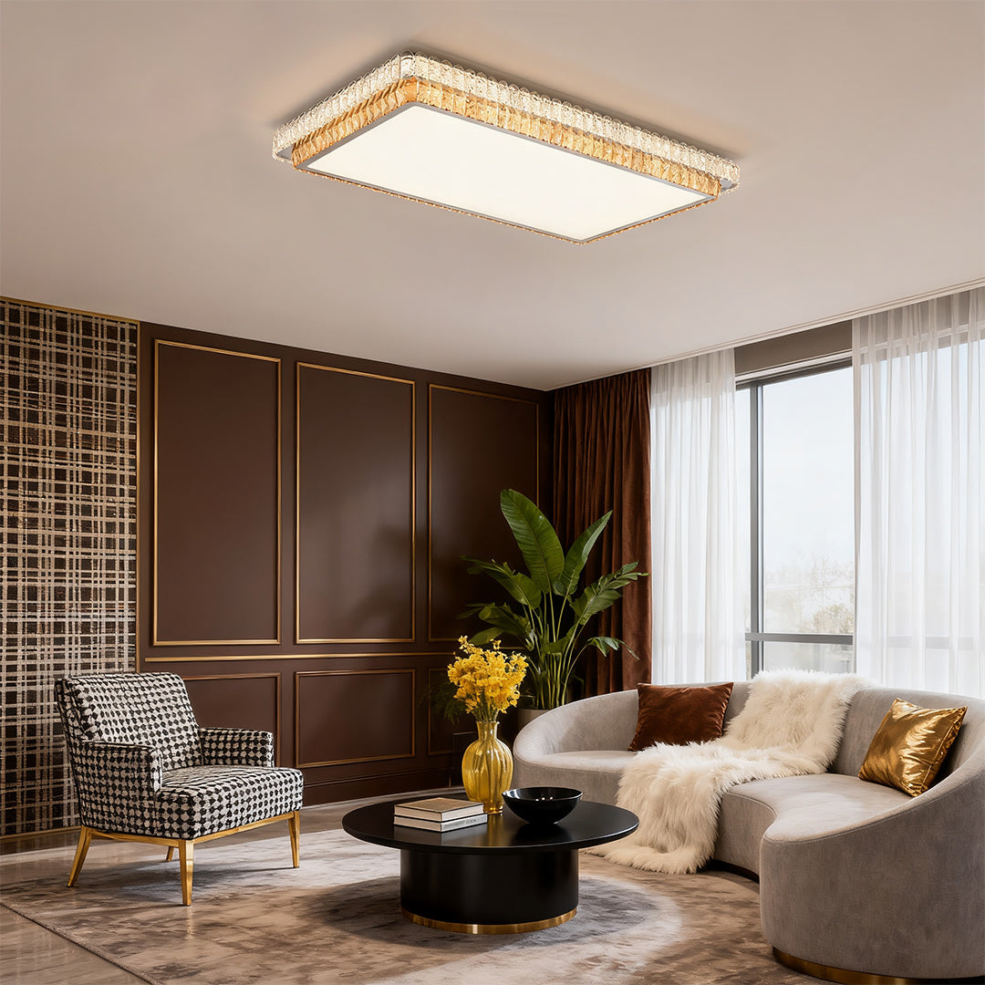 Minimalist Crystal LED Flush-Mount — Chrome Steel, Round/Square/Rectangle, 3-Step Dimming (3000K/4500K/6000K)