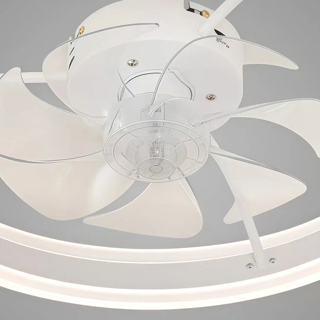 Contemporary White Ceiling Fan with Integrated Light and Round Ring Design in White Plastic Luxe