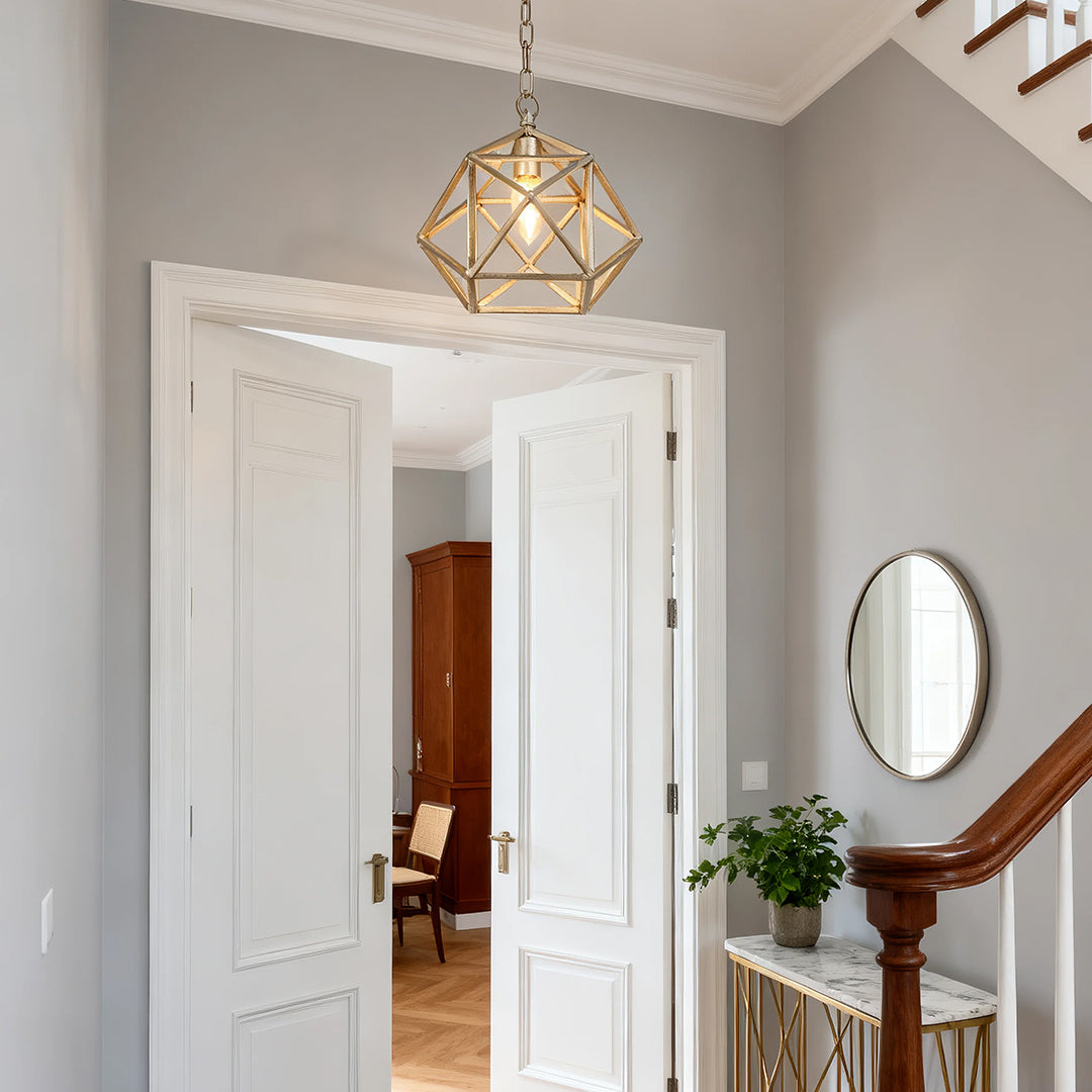 Geometric Pendant Light — Gold Metal, Adjustable Chain, E12, 10" Diameter