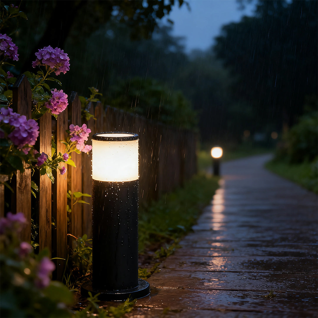 Cylindrical Outdoor Bollard Path Light — Black Aluminum, 7W LED, 3000K, IP54, Three Heights